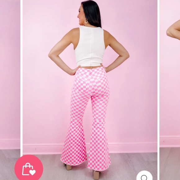Pink & White Checkered Bellbottom Pants - Picture 3 of 6